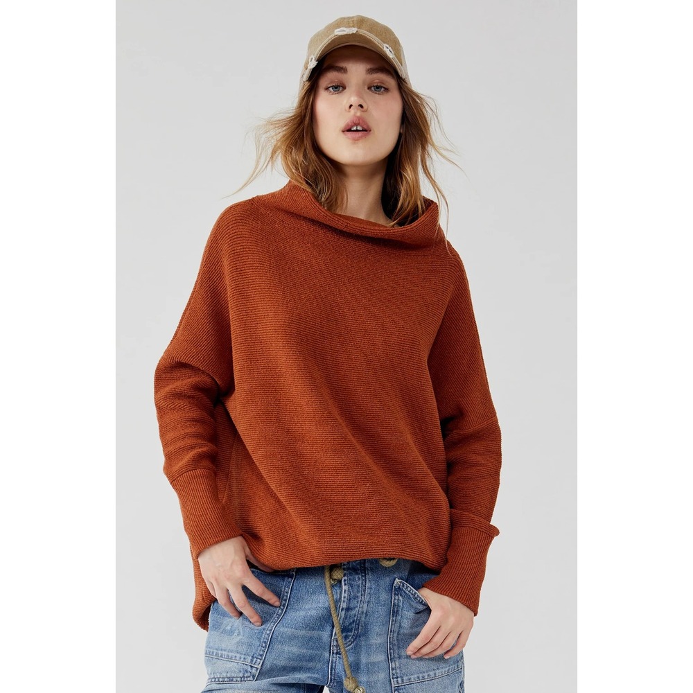 Free People Ottoman Slouchy Tunic Sweater Rust Orange Ribbed Mock Neck Small